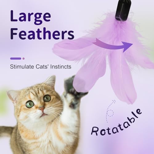SONGWAY Cat Wand Toys for Indoor Cats - Cat Toy Set with Retractable Teaser Wand and 6 PCS Fairy Feather Toy Refills, Dragonfly Tassel Plush Cat Toys Interactive, Purple - Image 2