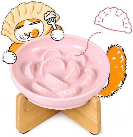 Elevated Slow Feeder Cat Bowl with Bamboo Stand, 6.3'' Ceramic Cat Food Bowl, Raised Whisker Friendly Cat Dish for Wet & Dry Food, Dishwasher Safe Anti-Slip Feeder for Cats & Small Dogs (Pink) by Tafelf