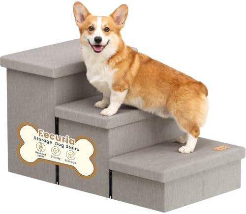 3-Step Dog Stairs for Large Dogs with Storage 18" H, Light Grey by Fecuria