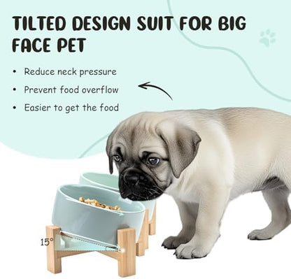 SPUNKYJUNKY 15° Slanted Ceramic Dog and Cat Bowl with Wooden Stand, Tilted Bulldog Food and Water Bowl No Slip Non-Spill for Cats Medium Dogs Big Face Pets 13.5 OZ (1.7 Cups, Morandi Green × 2) - Image 2