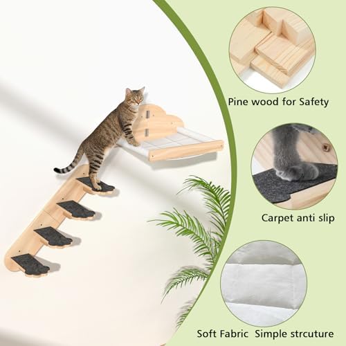 Wall Mounted Cat Hammock with 3 Climbing Steps,Pine Wood Cat Climbing Shelves & Perches up to 30lbs,Kitty Wall Shelf Furniture for Indoor Sleeping, Lounging,Climbing and Playing - Image 3