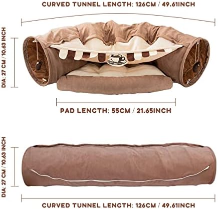EAEDMY Cat Rabbit Tunnel Bed Nest for Cats Indoor, with Collapsible Washable Soft Cushion, Plush Ball and Exercise Wheel Tube, Fit for Puppy Bunny Kitty Kitten Ferret(2.Coffee) - Image 6