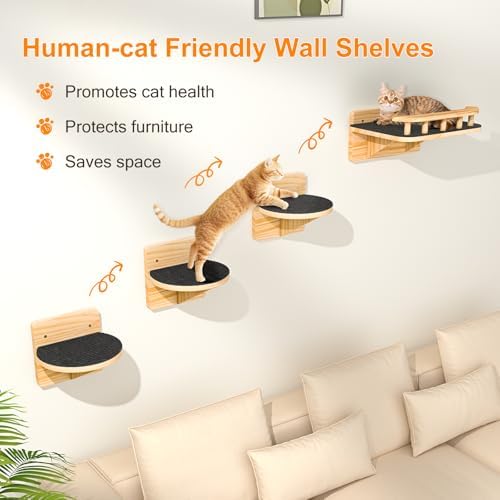 XiaZ Cat Wall Shelves, Cat Wide Climber Shelf with 3 Perch Steps, Kitty Wall Mounted Wooden Furniture up to 25lbs, Durable Floating Cats Stairs for Indoor Sleeping, Playing, Climbing and Lounging - Image 4