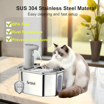 Cat Water Fountain Stainless Steel,Cordless,Rechargeable,2.6L,1 Filter - Image 6