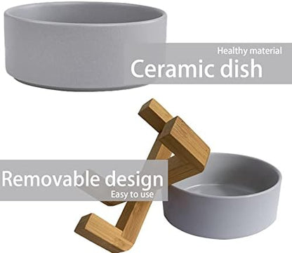 Ceramic Dog Cat Bowl with Wood Stand,Cat Food & Water Bowls Elevated Non-Spill Modern Cute Kitty Dishes Heavy Weighted Round Pet Dishes Set for Small Kitten Grown Cat(Grey) - Image 4