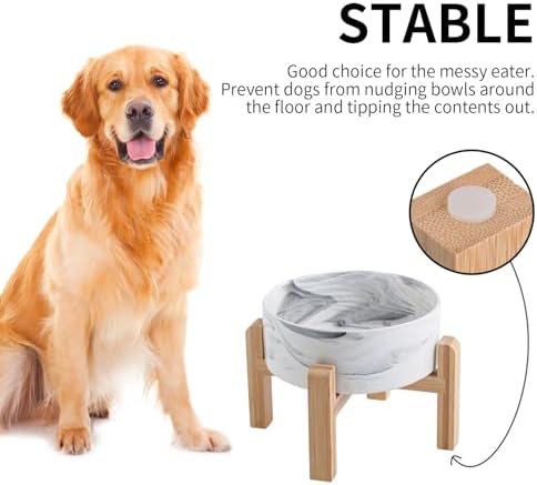 Elevated/Raised Dog Bowl Ceramic with Wood Stand for Small Medium Breed,Dog Food Water Dish Heavy, 6 in Non Slip Modern Cute Porcelain Pet Bowl Marble Grey - Image 2