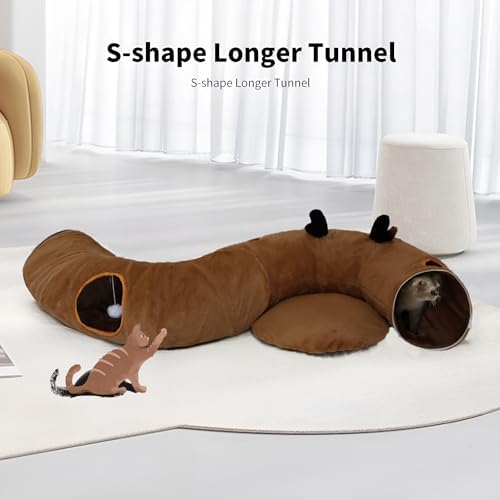 Cat Tunnel Bed for Indoor Cats with Washable Cushion Cat Cave Donut Tunnel with Fluffy Ball Big Round Tube Pet Playground Toys Soft Plush Peekaboo for Kitten, Cat, Puppy, Rabbit, Ferret（Deer） - Image 2