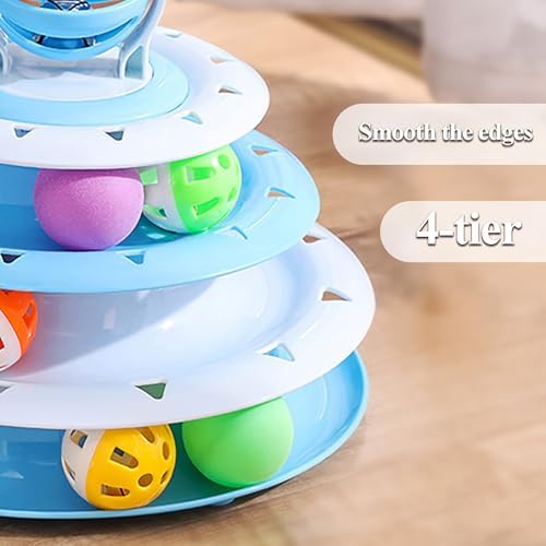Vealind Cat Toy Roller 4-Level Turntable Cat Toys Balls with 14 Pcs Colorful Pom Pom Balls Interactive Fun Mental Physical Exercise Puzzle Kitten Toys (Blue) - Image 5