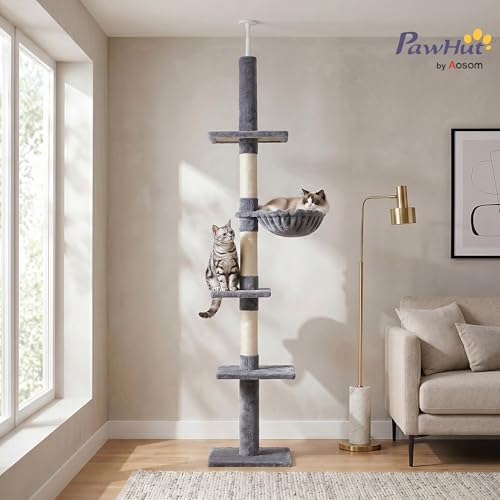 PawHut 102" Adjustable Height Floor to Ceiling Cat Tree, 5 Level Gray - Image 2