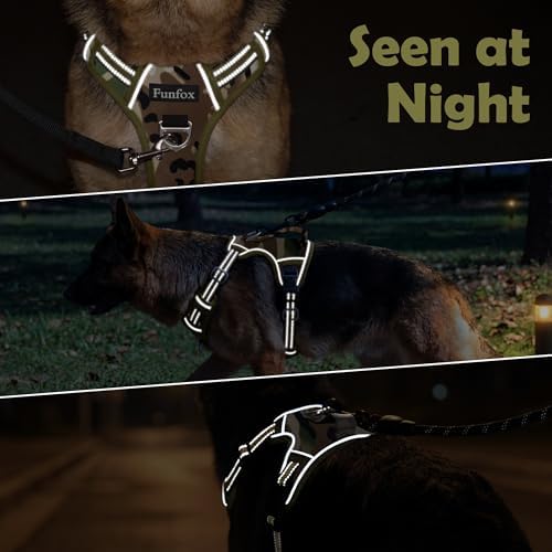 Funfox Dog Harness No Pull, Adjustable Pet Vest Harness, Super Soft Material with Vertical Handle Easy Control, Reflective Night Walking, 2 Leash Clips for Large Dogs, Camo Green, L - Image 7