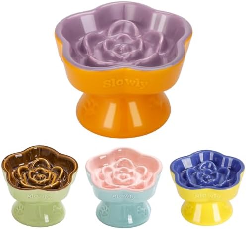 S&Q's Ceramics Raised Slow Feeder Cat Bowl, Ceramic Elevated Food Bowl Small Dogs Slow Feeder, Flower Shaped Cute Pet Dish for Dry and Wet Food (Purple, 5.8") by SQsCeramics