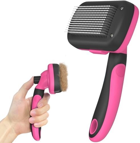 Dipoo Self-Cleaning Pet Grooming Brush - Skin-Friendly Deshedding Tool for Dogs & Cats in Pink, Removes Loose Hair and Tangles by Dipoo
