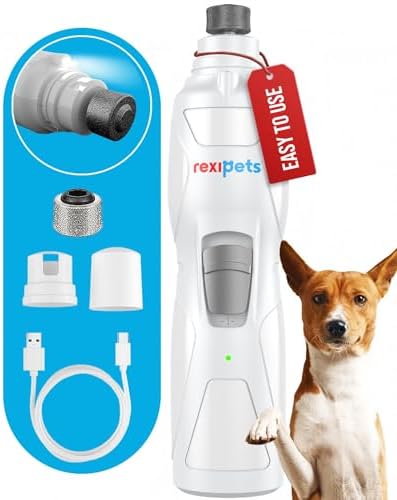 REXIPETS Cat and Dog Nail Grinder - Rechargeable Electric Pet Nail Clipper & Trimmer- Painless Paws Grooming - Quiet 2-Speed Motor. 3 Size Ports for Small, Medium, Large Pets- Up to 4 Hours of Charge by Rexipets