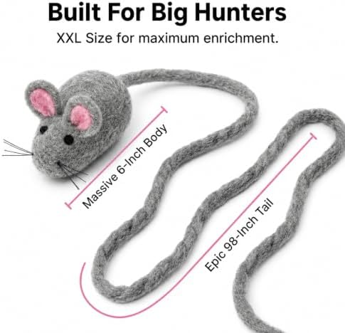 Glaciart One XXL Felt Mouse Cat Toy – 6” Body + 98” Tail – Large Cat Enrichment Toy – 100% Natural Wool with Catnip – Interactive Teaser for Big Cats – Safe Non-AZO Dyes - Image 2