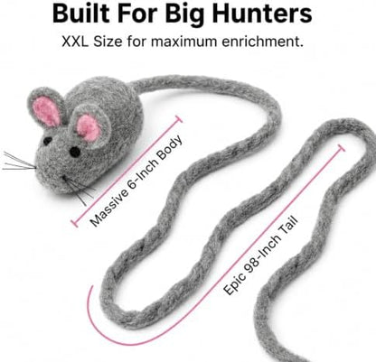 Glaciart One XXL Felt Mouse Cat Toy – 6” Body + 98” Tail – Large Cat Enrichment Toy – 100% Natural Wool with Catnip – Interactive Teaser for Big Cats – Safe Non-AZO Dyes - Image 2