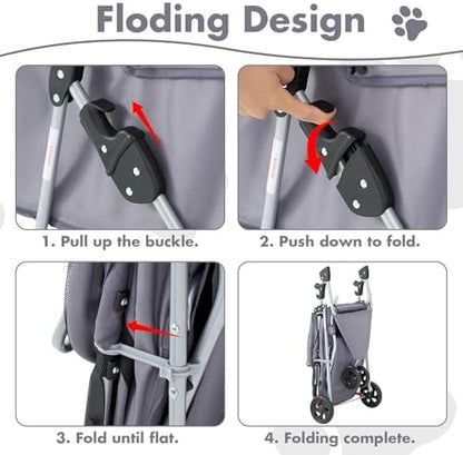 3 Wheels Pet Stroller,Storage Basket and Cup Holder, Breathable Mesh, Waterproof and Foldable for Small/Medium Dogs and Cats Strollers, Lightweight Travel Carrier for Daily Walks & Outdoor，Grey - Image 5