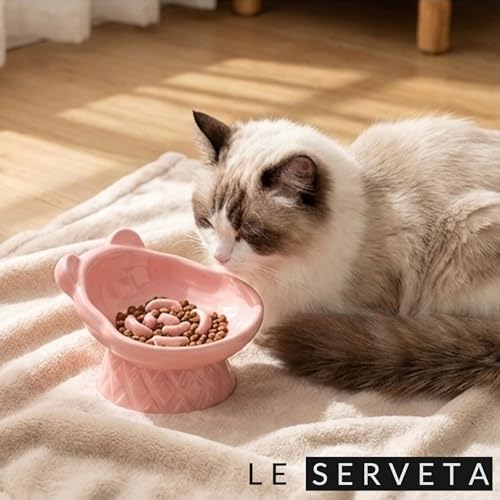 Winnie The Pooh Series Ceramic Slow Feeder Cat Bowl, Raised Anti-Gulping Design with Bear Ears, Pastel Colors, Quilted Pattern Base (Pink) - Image 6