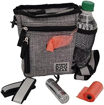 Mobile Dog Gear Dog Walking Fanny Pack (6"x7", Heathered Gray) - Dog Training Treat Pouch with Poop Bag Dispenser & Bags, Reflective Wrist Straps, Adjustable Shoulder Strap, Flashlight, Bottle Pocket by MobileDogGear