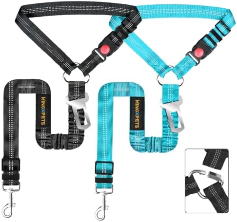 Dog Seat Belt, Durability Retractable Dog Car Harness Adjustable Dog Seat Belt for Vehicle Nylon Pet Safety Seat Belts Heavy Duty & Elastic, Black&Blue by MingXpets