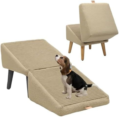 Split Ottoman Dog Ramp, Suitable for Porch Steps, Outdoor, Multifunctional Folding Ramp Stairs, Bed and Sofa Integrated, Large and Small Dog Pet Sofa Steps, 13.8 Inches (Off-White)
