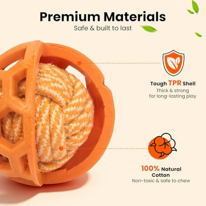 HGB 3.2" Dog Toy Ball for Aggressive Chewer, Tough Rubber, Cotton Rope Ball - Image 2