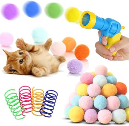 Low Noise Interactive Cat Ball Launcher Gun, 1 Noise-Reduced Launcher (New Upgraded), 20 Pcs Colorful Silent Plush Pom Pom Balls (1.2 inches), with 4 Pcs Cat Spring Toy by BaiKevin