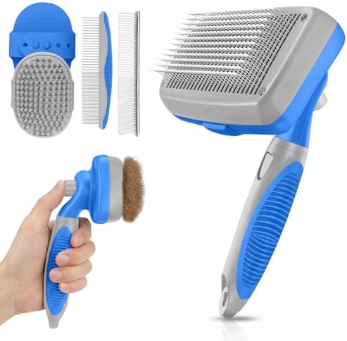 Self Cleaning Shedding Brush - 5-in-1 Professional Pet Grooming Kit Skin Friendly Grooming Tool for Dogs, Cats, and Puppies, Deshedding and Hair Removal for Long and Short Haired Pets（Blue-Grey） by AUSRKI