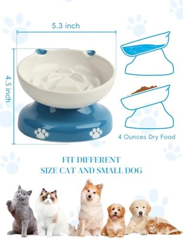 Y YHY Ceramic Slow Feeder Cat Bowl, Elevated Cat Bowl Tilted Design Slow Feeder for Dog and Cat for Dry and Wet Food, Blue - Image 3