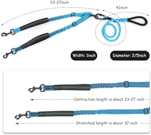 Double Dog Leash No Tangle – Dual Dog Leash for 2 Dogs with Shock Absorbing Bungee, 360° Swivel, Reflective Safety, Heavy Duty for Medium & Large Dogs (Bright Blue) - Image 6