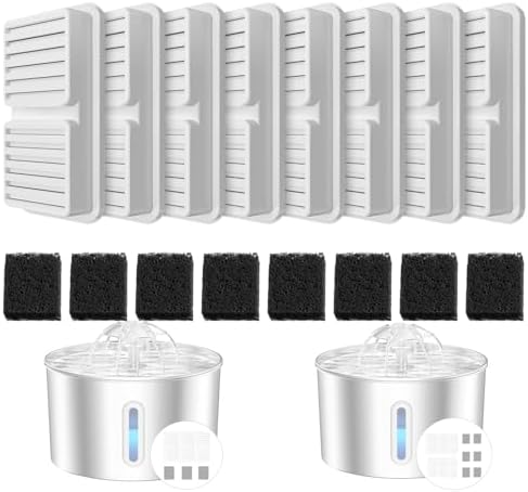 Replacement Filter for Cat Water Fountain - 8 Packs Pet Water Bowl Filters - 8 Filters & 8 Sponges Set for Stainless Steel Cats/Dog Water Dispenser - Activated Carbon & Foam Filtered Refill by CatWaterFountain