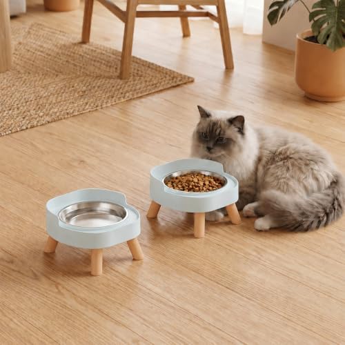 Elevated Cat Bowls, 2P Raised Cat Food and Water Bowl Set for Indoor Cats, Splash Proof with 2 Stainless Steel Pet Food Bowls for Cats ＆ Puppies, Whisker Friendly and Dishwasher Safe - Blue - Image 6