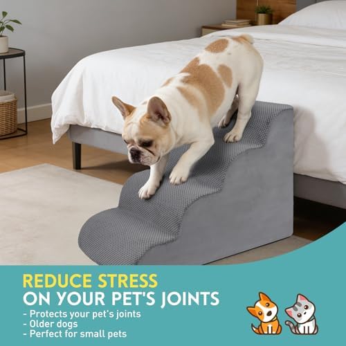Dog Stairs for Small Dogs, 19.7" H Pet Stairs 4-Steps Ramp for Puppy, Older Cat, Stairs with Whole 30D High Density Foam, Corduroy Fabric, Non-Slip Bottom Dog Steps for Bed and Couch (Grey, 4-Step) - Image 5