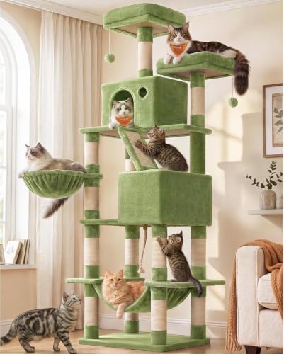 Feandrea Cat Tree, 81.1-Inch Large Cat Tower, Multi-Level Condo, Green - Image 2