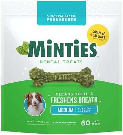 Minties Dental Chews for Dogs, 60 Count, Vet-Recommended Mint-Flavored Dental Dog Treats for Medium Dogs, Bones Clean Teeth, Fight Bad Breath, and Removes Plaque and Tartar by Minties