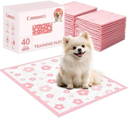 Pink Floral Dog Pee Pads, 23''x30'', 40 Count Leak-Proof Puppy Pads for Potty Training, Quick-Dry & Adhesive Tabs, Cute Flower Print for Small/Medium Dogs with Attractant by HomesweetpethomebyCamonti