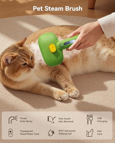 ROJECO 3-in-1 Pet Steam Brush,Spray Hair Removal Detangling Comb,Green - Image 2