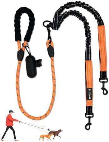 Double Dogs Leash - Removable Main Lead Rope with Splitter, No Tangle 2 Dog Coupler, Reflective No Pull Bungee, 3 Handle, D-Ring, Extra Long for Walk Train Medium Large Two Pet (Orange) by LEOSASA