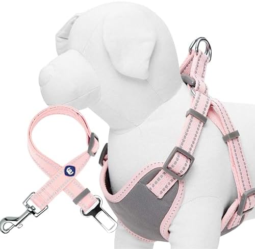 Blueberry Pet Pastel Colored Reflective Dog Harness with Seatbelt Clip – Adjustable No-Pull Pet Vest for Walking and Car Safety, Small Size in Baby Pink by BlueberryPet