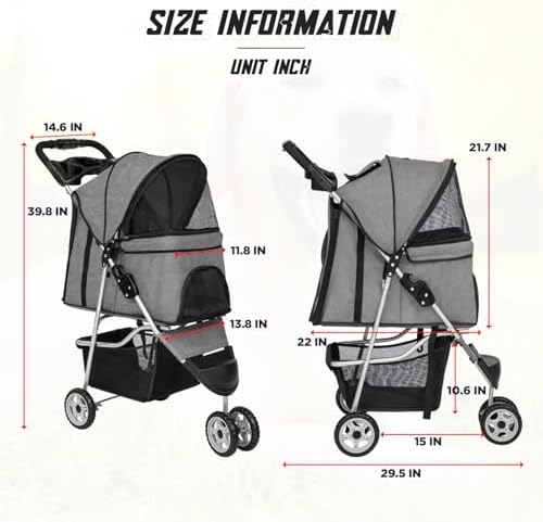 FDW 3 Wheels Pet Stroller Folding Dog Cat Jogger Stroller with Storage Basket &Cup Holder Portable Lightweight Travel Carrier, Grey - Image 7
