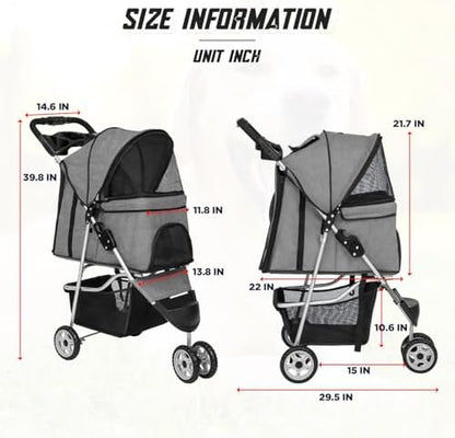 FDW 3 Wheels Pet Stroller Folding Dog Cat Jogger Stroller with Storage Basket &Cup Holder Portable Lightweight Travel Carrier, Grey - Image 7