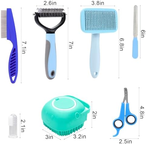 VCZONE 8 Pcs Dog Brush Grooming Kits, Includes Pet Nail Clipper and File, Flea Comb, Pet Shampoo Bath Brush, Pet Shedding Brush, Pet Dematting Comb, Silicone Toothbrush (Blue) - Image 2