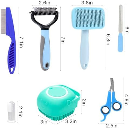 VCZONE 8 Pcs Dog Brush Grooming Kits, Includes Pet Nail Clipper and File, Flea Comb, Pet Shampoo Bath Brush, Pet Shedding Brush, Pet Dematting Comb, Silicone Toothbrush (Blue) - Image 2