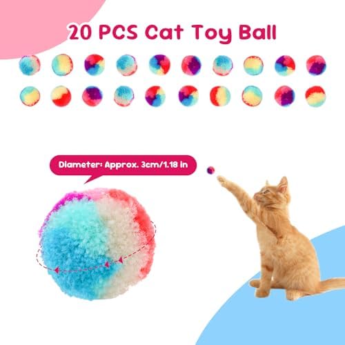 FuninCrea 20 Pcs Cat Ball Toy, 1.18-Inch Rainbow Cat Toy Ball Colorful Cat Pom Pom Balls with a Small Pouch, Fuzzy Kitty Balls for Cats, Kitten Toys for Playing Training Chasing (A,Small) - Image 2