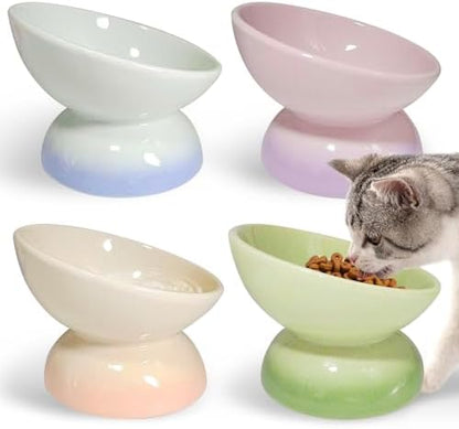 kathson 4 Pcs Ceramic Raised Cat Bowls, Elevated Tilted Cat Food Bowl, Anti Vomiting Pet Food Bowl, Colorful Porcelain Pet Feeder Dish for Cats and Small Dogs, Stress Free(Blue,Green,Purple,Pink) by kathson