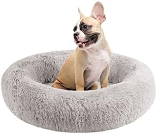 Friends Forever Serena Donut Memory Foam Orthopedic Dog Bed, Soft Faux Fur Oval Cat Couch For Indoor Pet, Fluffy Calming Plush Shag, Round Raised Bolster Cushion, Machine Washable Cuddler, Grey by FriendsForever