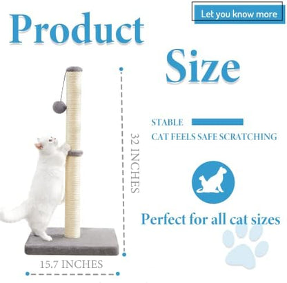 MeowHomm 32'' Tall Cat Scratching Post Cat Scratcher with Hanging Ball, Durable Cat Scratching Post for Indoor with Sisal Rope (Gray) - Image 5