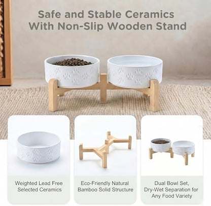 SPUNKYJUNKY Elevated Dog Bowls Ceramic, 5.1'' Dogs and Cat Food Water Bowls Raised with Non-Slip Bamboo Stand for Puppy Small Sized Breed Microwave Dishwasher Safe - 13.5 OZ,Paw White - Image 6