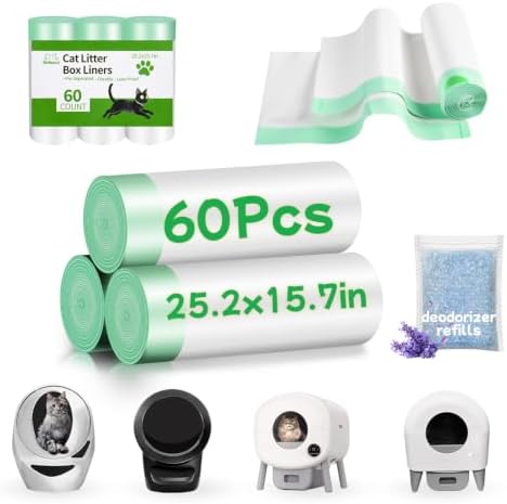 60 Count Cat Litter Box Liners for Automatic Litter Box, Pre-Separated Easy-Dispense Waste Bags with Drawstring, Heavy Duty Leak-Proof Liners Compatible with Litter-Robot 4/5/3, 25.2"x15.7" by Nidkoud