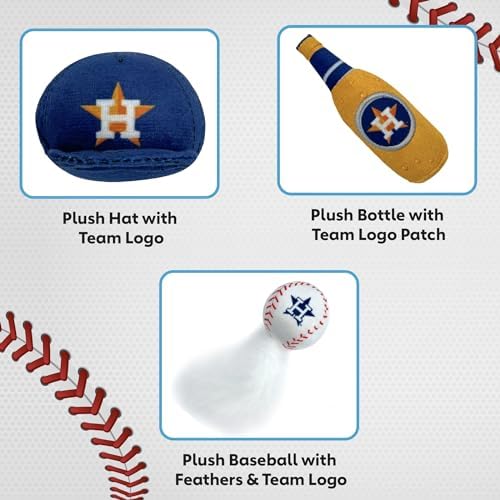 BEST PLUSH CAT TOY - MLB HOUSTON ASTROS Complete Set of 3 piece Cat Toys filled with Fresh Catnip. Incld: 1 Baseball Cap Cat Toy, 1 Baseball Cat Toy with Feathers & 1 Beer Bottle. Beautiful Team LOGOS - Image 3
