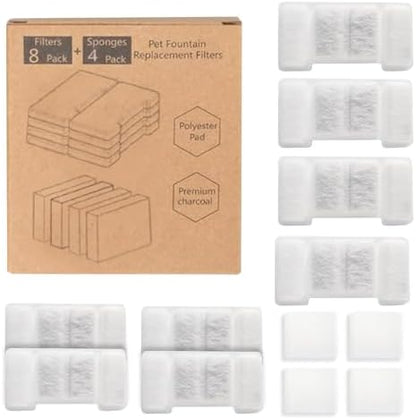 Cat Water Fountain Replacement Filters, 8 Pack Replacement Filters & 4 Pack Replacement Sponges Set for 2.2L/74oz Automatic Stainless Steel Pet Fountain Ultra Quiet by HAJXM